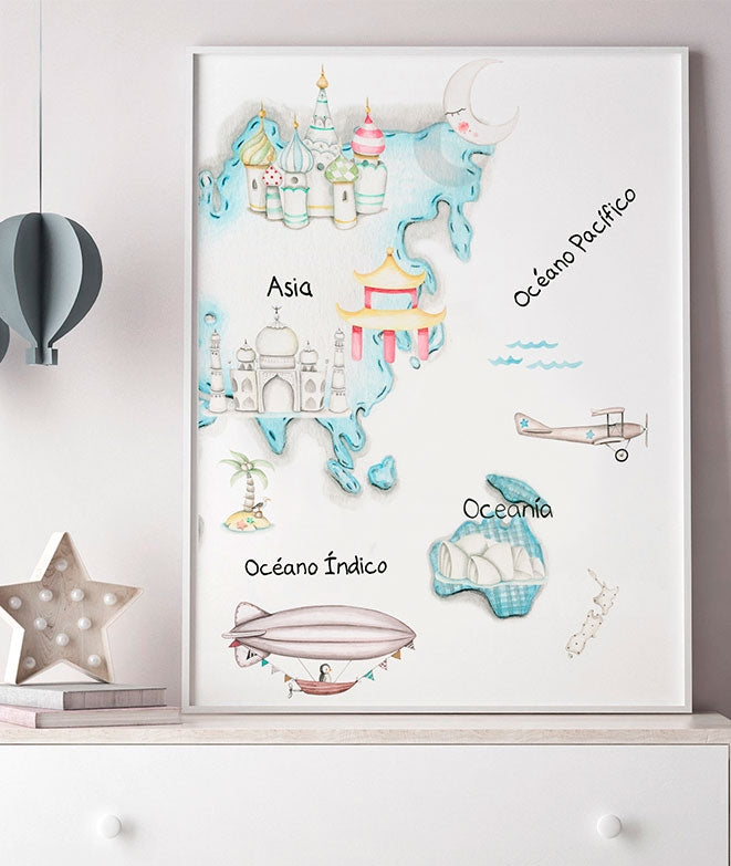 VIAGGIO MAPPA DEL MONDO BLU Confezione di quadri per bambini personalizzati