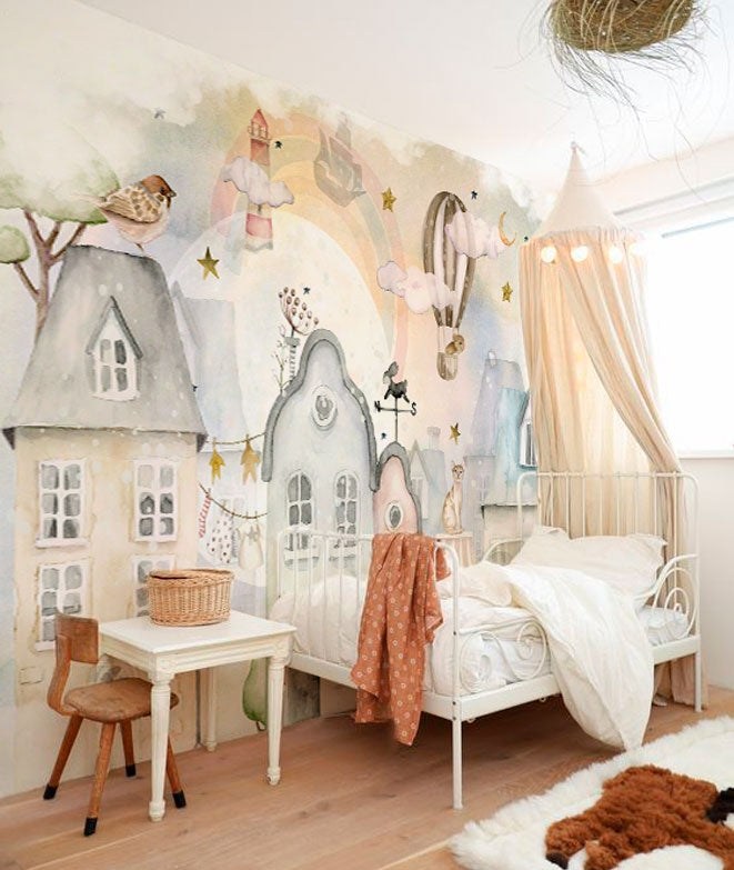 Mural papel pintado infantil casitas